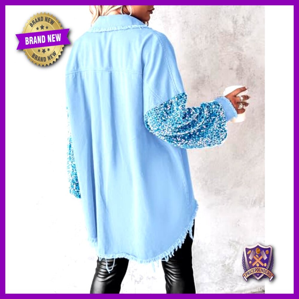 Oversized Denim Shacket Sequin Patchwork Long Sle… - image 2